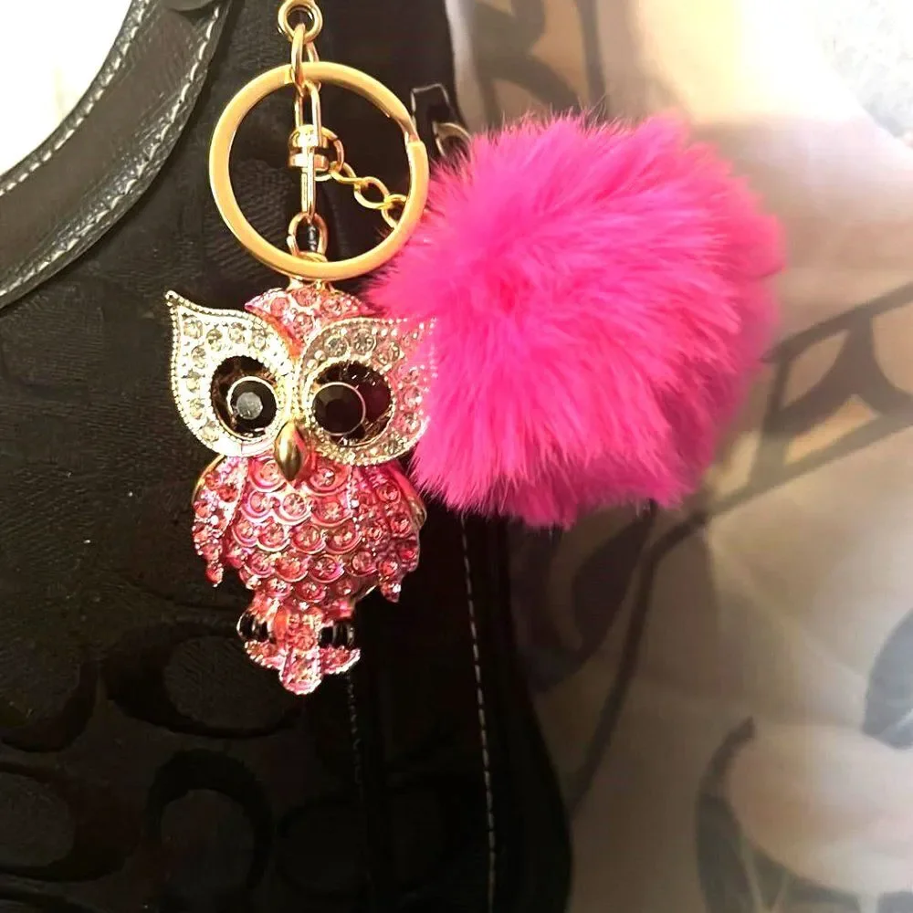 Adorable Rhinestone Owl with Pom Pom Purse Charm/Keychain - NEW!
